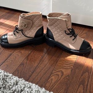 Chanel Beige and Black Quilted Boots